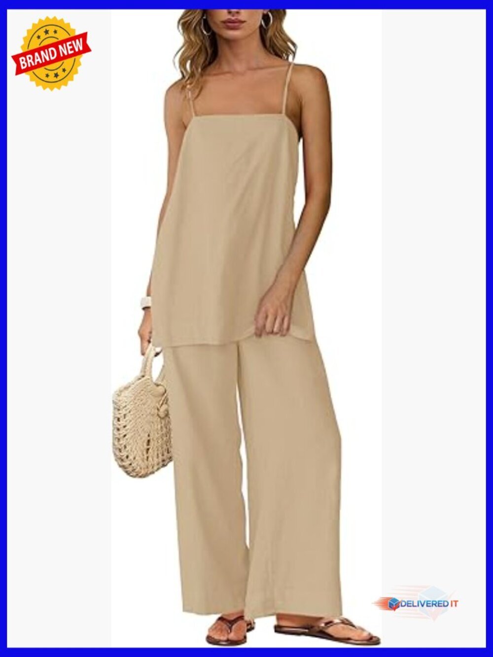Linen 2 Piece Set Spaghetti Strap Top Wide Leg Pant Set with Pockets Summer